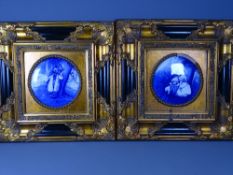 ROYAL DOULTON MARKED BLUE & WHITE PLAQUES in fancy gilt and ebonized frames, 34cms square in the