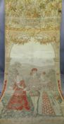 ANTIQUE STYLE TAPESTRY depicting three people in period style dress under a floral arch (colour