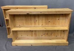 TWO MODERN PINE BOOKCASES, 79cms H, 124cms W, 24cms D and 82cms H, 105.5cms W, 22cms D