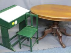 LATE VICTORIAN MAHOGANY TILT-TOP BREAKFAST TABLE and a vintage green painted child's desk and chair,