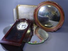 YELLOW METAL FANCY TRAY, MIRRORS & A WALL CLOCK