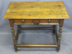 ANTIQUE OAK HALL TABLE, peg joined with well coloured rectangular top over a single elm and oak