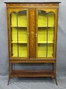 CIRCA 1900 INLAID MAHOGANY DISPLAY CABINET having a stepped cornice over a ribbon and floral swag