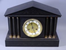 SLATE MANTEL CLOCK WITH STEEPLE TOP, 32cms H, 42cms W, 17cms D