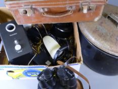 ENAMEL COOK POT with lid, leather suitcase, vintage cased binoculars and a mini stereo system ETC