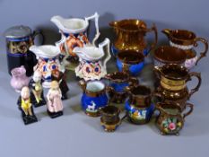 GAUDY WELSH - three shaped jugs, an assortment of copper lustre and four Royal Doulton figures: