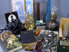 DOME COVERED ANNIVERSARY MANTEL CLOCK, oil lamp, Art glass, plated cutlery ETC