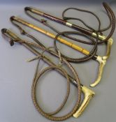 THREE ANTLER HANDLED HORSE WHIPS including two with silver collars, makers mark to one for G J Zair,
