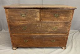 VINTAGE MAHOGANY CHEST of two short over two long drawers with inset brass campaign style handles,