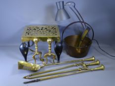 BRASS FOOTMAN, jam pan, fire dogs and irons and a modern anglepoise lamp