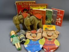 HERMANN TOYS ELEPHANTS, a pair, two inflatable 'Pinky & Perky Pigs', a vintage doll, Janet & John