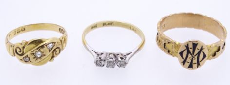 THREE VICTORIAN & LATER 18CT GOLD RINGS to include a three stone diamond ring stamped '18ct plat'