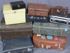 VINTAGE LUGGAGE, TEN ITEMS including a dome top iron and wooden banded trunk, 59cms H, 72.5cms W,