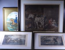 THREE GEORGE MORLAND 18TH CENTURY PRINTS and one other to include 'The carrier's stable',