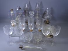 GLASSWARE - six swirl stemmed flutes, two pairs of decanters, a quantity of other glassware ETC