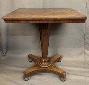 VICTORIAN MAHOGANY SIDE TABLE having a rectangular top on a segmented column and quatrefoil foot
