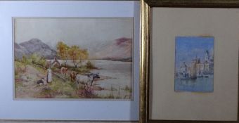 J BRADY watercolour - cattle watering with young girl, 27 x 40cms and an UNSIGNED watercolour of a