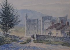 TONY DENISON (Yorkshire) watercolour - Abbey ruins with figures, 14 x 19cms