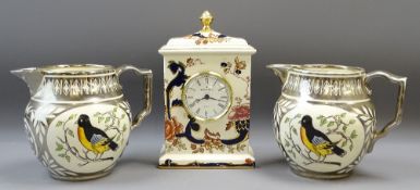 MASONS BLUE MANDALAY MANTEL CLOCK, 22cms H, with two Gray's pottery jugs