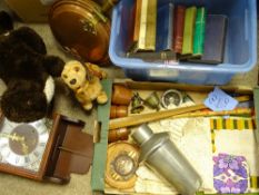 MISCELLANEOUS ITEMS including vintage books, soft toys, wall clock, linen, interesting pewter