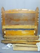 ANTIQUE PITCH PINE 4FT BED FRAME, the headboard with Gothic style tracery and carved detail,