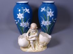 PATE SUR PATE MARKED FLORAL DECORATED VASES, 21cms H and a Royal Vienna ornament