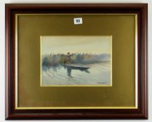 FRANK SOUTHGATE R.B.A. (1872-1916) watercolour - duck hunter at dawn in a punt near a reed bed,