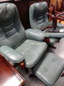 PAIR OF GREEN UPHOLSTERED SWIVEL ARMCHAIRS & ASSOCIATED STOOLS (4) Condition Report: one stool