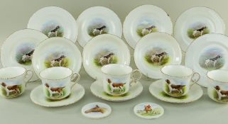 ROYAL CROWN DERBY FIELD SPORTS CHINA, comprising five teacups, six saucers and plates, decorated