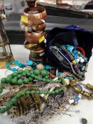 SMALL GROUP OF ASSORTED COSTUME JEWELLERY including copper bangles on a stand ETC