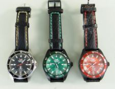 THREE VOSTOK 'K-3 SUBMARINE' GENTLEMAN'S AUTOMATIC WRISTWATCHES in green, red and black dials