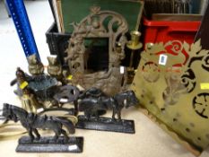 QUANTITY OF DECORATIVE BRASSWARE including two bear money banks and a three-light candelabrum