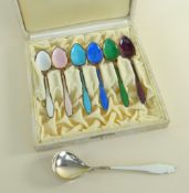 CASED SET OF SIX NORWEGIAN SILVER & ENAMEL KRISTIAN HESTENES COFFEE SPOONS, together with another