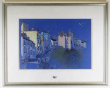 LYNN BLAKE JOHN ink and coloured pencils - street scene, entitled verso 'Tenby Town', signed, 28 X