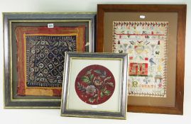 THEE EMBROIDERIES, comprising Indian chain stiched square, possibly Gujarati, 40 x 40cms, mid