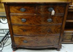 19TH CENTURY MAHOGANY BOWFRONT CHEST, fitted two short and three long graduated drawers, 106cms wide