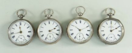 FOUR SIMILAR SILVER POCKET WATCHES, open faced with subsidiary seconds dials, all late 19th Century,