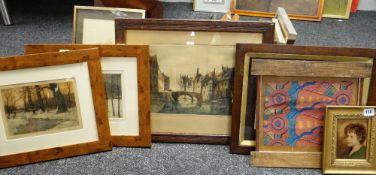 ASSORTED PRINTS, including small crystoleum portrait of a boy, French aquatint engravings of