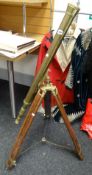 DECORATIVE REPRODUCTION BRASS & HARDWOOD MOUNTED TRIPOD REFRACTING TELESCOPE, 100cms long