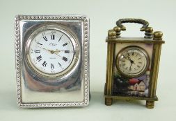 MODERN SILVER FACED TABLE TIMEPIECE BY CARR & A MINIATURE CARRIAGE TIMEPIECE with colour printed