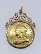 VICTORIAN GOLD HALF SOVEREIGN, 1893, in 9ct gold heart design mount, 5.8gms