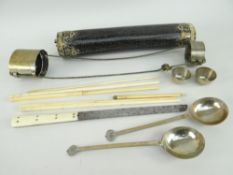 CHINESE EATING TROUSSE, black shagreen case with plated brass mounts, containing pairs of forks,