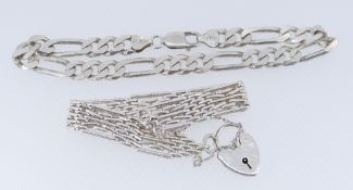 TWO SIMILAR SILVER BRACELETS comprising a gate design example with heart shaped padlock and a flat