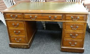 VICTORIAN STYLE MAHOGANY PEDESTAL DESK, tooled leather inlaid top above an arrangement of nine