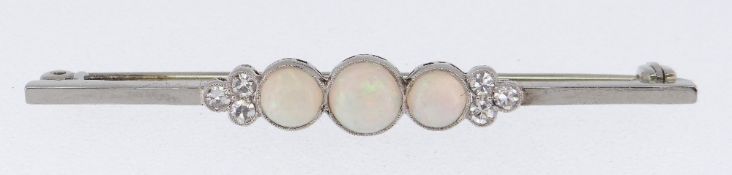 WHITE METAL OPAL & DIAMOND BAR BROOCH, the three central opals flanked by three diamonds to each