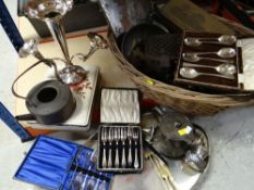 ASSORTED DOMESTIC METALWARE including an EP three trumped epergne