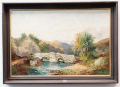 JOSEPH HORLOR (1809 - 1887) oil on canvas - river and bridge, drover with cattle and figures,