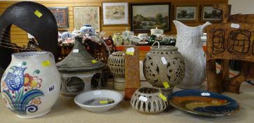 ASSORTED DECORATIVE STUDIO CERAMICS including stoneware sculptures, lanterns, Poole pottery jug