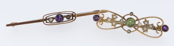 TWO 9CT GOLD BAR BROOCHES comprising Suffragette peridot, amethyst and seed pearl example together