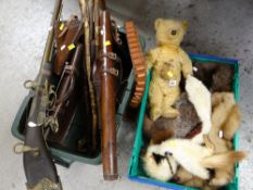 VINTAGE ENGLISH GOLDEN PLUSH TEDDY BEAR with growler (play worn), three fur stoles and a group of